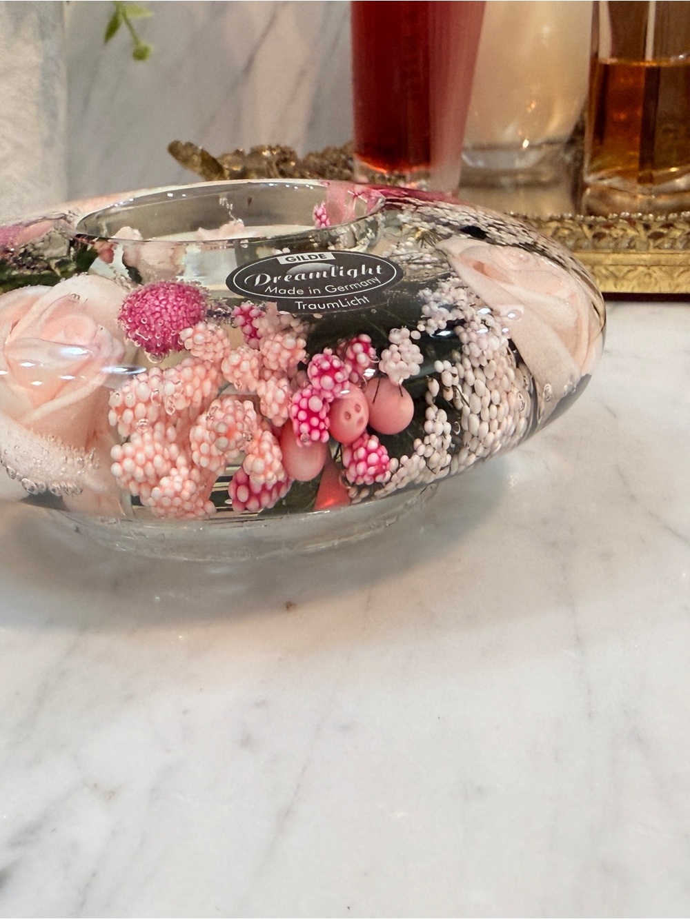 Gilde Dreamlight Glass Candle Holder with Flowers "Little Rose' Made in Germany - Picture 10 of 15